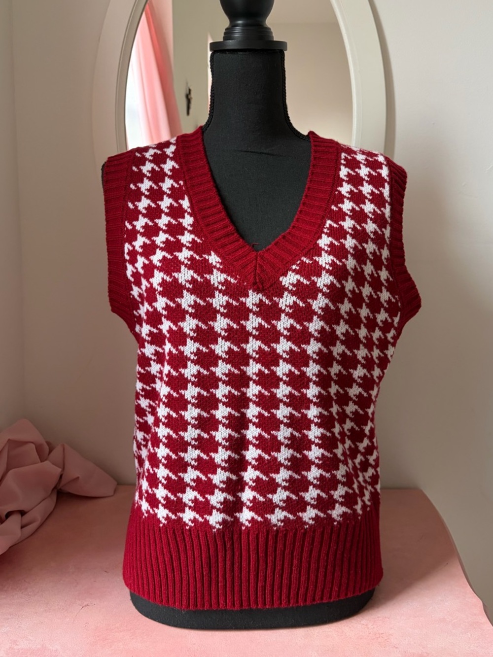 Red and White Houndstooth V-Neck Sweater Vest